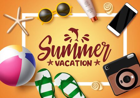 Summer vacation vector banner template. Summer vacation text in white frame with space and beach element like sunglasses, beach ball, flip flop, camera, sunscreen, and mobile phone in yellow background. Vector illustration.のイラスト素材