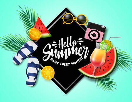 Hello summer in black frame vector banner template. Hello summer text with beach and tropical fruits element like flip flop, sunglasses, camera, water melon, calamansi and orange in green background. Vector illustration.のイラスト素材