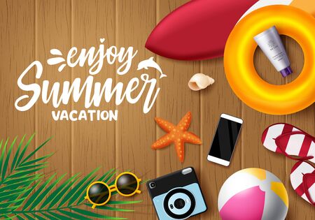 Enjoy summer vector banner design. Enjoy summer vacation text with beach element like floater, camera, beach ball, sunglasses, flip flop, surf board, and palm leaves in wood texture background. Vector illustration.のイラスト素材