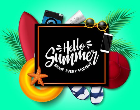 Hello summer vector background template. Hello summer enjoy every moment text in black frame with space and beach elements like floater, surfboard, hat, flip flop, camera, sunscreen and sunglasses in green background. Vector illustration.のイラスト素材