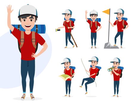 Male mountain climber vector character set. Hiker man character in different summer hiking activities like rope climbing, telescoping, walking and waving isolated in white background. Vector illustration.のイラスト素材