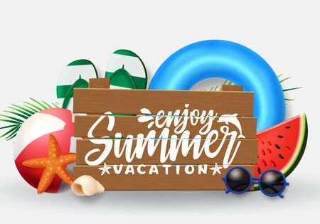 Summer vector banner design. Summer vacation typography in wood space for text with beach elements like floaters, beach ball, flipflop and sunglasses in white background. Vector illustration.のイラスト素材