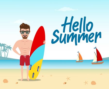 Hello summer vector concept design. Hello summer text with man character standing while holding surfboard and enjoying holiday vacation in beach seaside background. Vector illustration.のイラスト素材