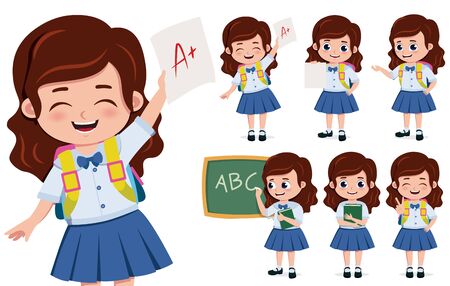 School girl student character vector set. School girl student characters in happy face holding paper with high grade and writing in chalkboard  for education related design. Vector illustration.のイラスト素材