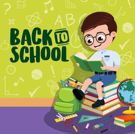 Back to school boy student banner. Back to school text with space and smart pre-school, boy student character reading a book with educational elements in green pattern background. illustration.のイラスト素材