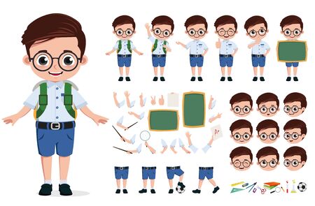 School boy character creation, set. Back to school editable character student kid in school uniform with different face head expression, hand and body movement for education designs. illustration.のイラスト素材