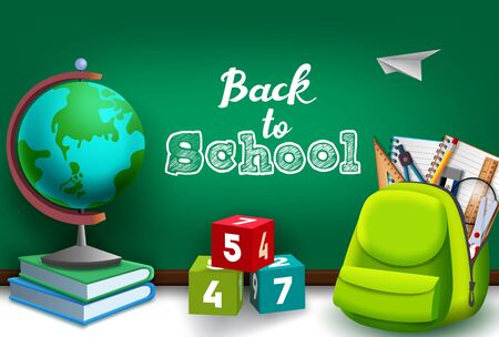 Back to school vector concept design. Back to school text in green chalk board with education supplies in bag, globe, books and colorful numeral cube elements. Vector illustration.のイラスト素材
