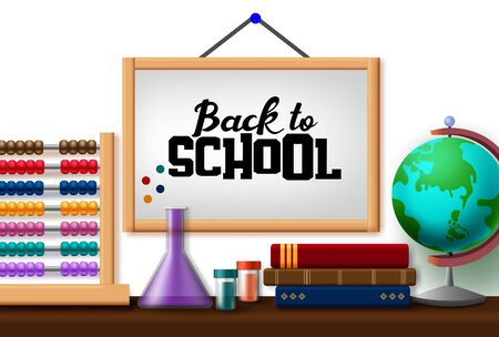Back to school hang vector concept design. Back to school text in hanging white board with educational items like abacus, globe, book, and laboratory elements in white background. Vector illustration.のイラスト素材