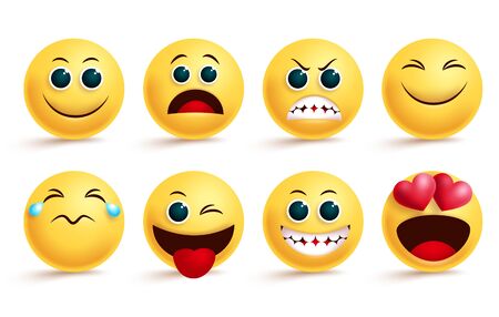 Smiley emoji vector set. Emoji smileys yellow face and emoticon with in love, angry, happy, and naughty cute facial expressions isolated for design element. Vector illustration.のイラスト素材