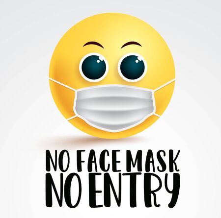 No face mask smiley emoji vector signage. No face mask no entry text with emoji face mask for covid-19 coronavirus instruction design in white background. Vector illustration.のイラスト素材