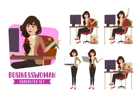 Business woman in  desk character vector set. Businesswoman female characters sitting in desk and preparing for demo presentation for office desk business design collection. Vector illustrationのイラスト素材