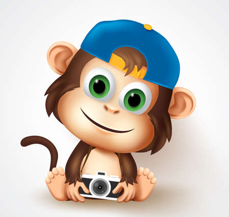 Cool monkey animal character vector design. Cute little monkey photographer in friendly facial expression while sitting and holding camera pose and gesture for t-shirt print design.のイラスト素材