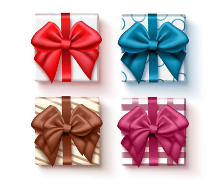 Gift present vector set. Gifts element with colorful ribbon or lasso and pattern wrapper for anniversary and birthday celebration collection design. Vector illustrationのイラスト素材