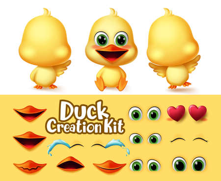 Ducks creation animal characters vector set. Duck animals editable character eyes and mouth create kit with different emotion and feeling for duckling cartoon collection vector illustrationのイラスト素材