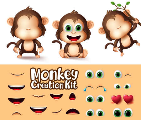 Monkey animals character creation vector set. Monkeys animal characters eyes and mouth editable create kit with different emotion and expression for wildlife cartoon design. Vector illustrationのイラスト素材