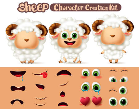 Sheep characters creation vector set. Sheeps lamb character editable animal create eyes and mouth kit in different facial expression for animal collection design Vector illustrationのイラスト素材