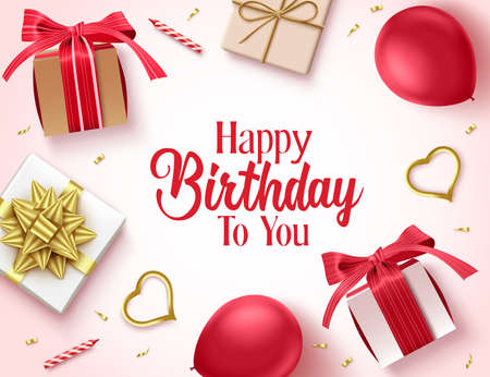 Happy birthday vector background template. Happy birthday to you text in white empty space with party elements like gift balloon, and candle element for greeting card. Vector illustrationのイラスト素材