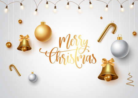 Merry christmas vector banner template. Merry christmas text in white empty space for messages with hanging xmas decor elements in white background. Vector illustrationのイラスト素材