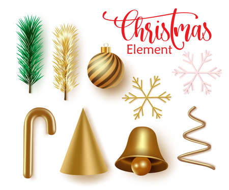 Christmas element vector set. Christmas object or elements like pine leaves, ball, snowflakes, candy cane and bell isolated for xmas decoration and collection design. Vector illustrationのイラスト素材