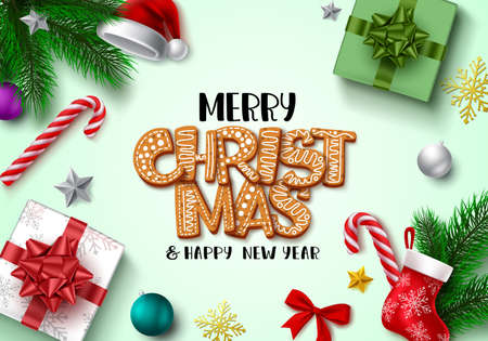 Merry christmas greeting vector background design. Merry christmas gingerbread text in empty space for messages with xmas elements for holiday season celebration. Vector illustrationのイラスト素材