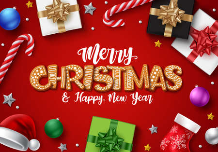 Christmas in red background vector design. Merry christmas gingerbread text with colorful decor element with empty space for xmas greeting messages card and celebration. Vector illustrationのイラスト素材