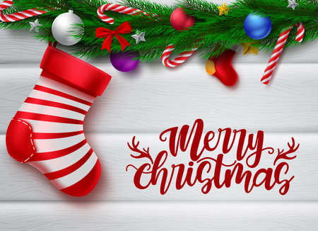 Merry christmas greeting vector banner background. Merry christmas text in empty space for messages with xmas decor like santa hat, pine leaves and candy cane element in white wood texture background.のイラスト素材