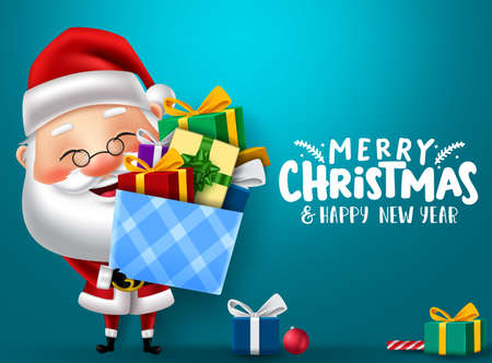 Christmas santa character vector banner design. Merry christmas text with santa claus character holding box of colorful box of gifts with empty space for greeting card messages. Vector illustrationのイラスト素材