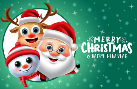 Christmas vector banner template design. Merry christmas text in empty space for messages with xmas characters like santa claus, snowman and reindeer in circle frame for holiday greeting card.のイラスト素材