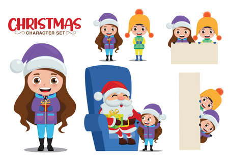 Christmas vector characters set. Christmas character kids in talking santa, holding gifts and white board isolated for xmas cartoon collection design. Vector illustrationのイラスト素材