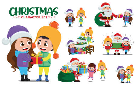 Christmas character vector set. Christmas kid characters of xmas holiday season activity collection design isolated in white background. Vector illustrationのイラスト素材