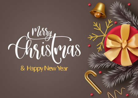 Merry christmas vector banner background template. Merry christmas text with red gift, gold decoration and leaves for holiday christmas greeting card. Vector illustrationのイラスト素材