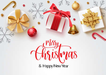 Christmas vector background banner design. Merry christmas greeting text with colorful xmas decoration elements for christmas card. Vector illustrationのイラスト素材