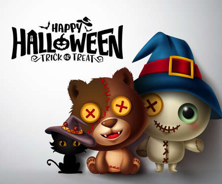 Halloween character vector concept design. Happy halloween text with bear, teddy bear and cat silhouette characters in white background for halloween trick and treat. Vector illustrationのイラスト素材