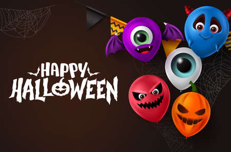 Happy halloween text with colorful scary balloons elements in character faceのイラスト素材