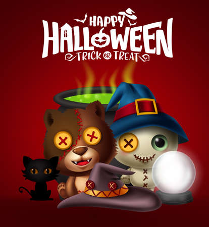 Happy halloween vector poster design. Happy halloween text with scary characters with bear, teddy bear, and cat silhouette with hat, crystal ball and pot for halloween party. Vector illustrationのイラスト素材