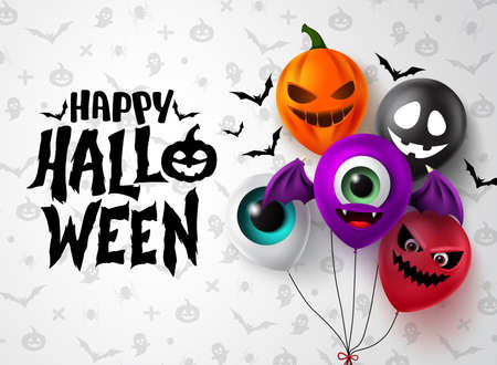 Happy halloween balloon vector banner design. Happy halloween text with colorful spooky character balloon elements like bat, pumpkin, ghost, devil and eyeball for trick or treat design.のイラスト素材