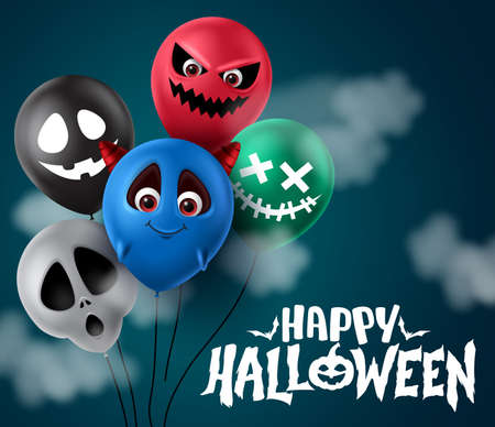 Happy halloween vector banner design. Happy halloween text with balloon element in scary character faces like demon, ghost, skull and devil for trick or treat party element design. Vector illustrationのイラスト素材