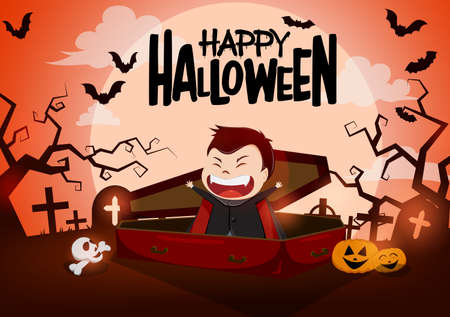 Halloween vampire character vector background design. Happy halloween text with funny vampire character in casket and scary cemetery background for horror trick or treat design. Vector illustrationのイラスト素材