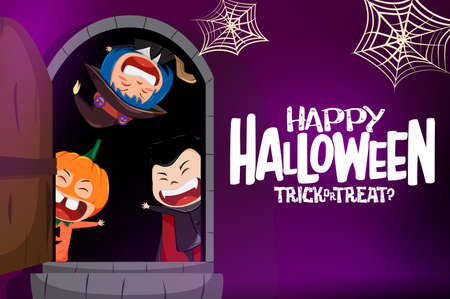Halloween vector character background design. Happy halloween trick or treat text with creepy characters like pumpkin, witch, and vampire for horror cartoon design. Vector illustration.のイラスト素材