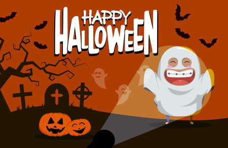 Halloween ghost character vector background design. Happy halloween text with cute ghost in horror cemetery silhouette background for trick or treat design. Vector illustrationのイラスト素材