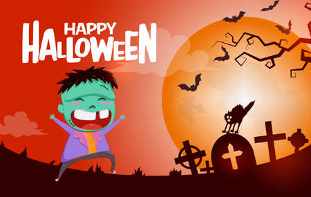 Halloween zombie character vector background concept. Happy halloween text with zombie monster character in creepy cemetery background for horror design. Vector illustrationのイラスト素材