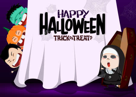 Halloween character vector concept design. Happy halloween text in curtain element with cute creepy characters like nun, pumpkin, zombie, and vampire for horror design. Vector illustrationのイラスト素材