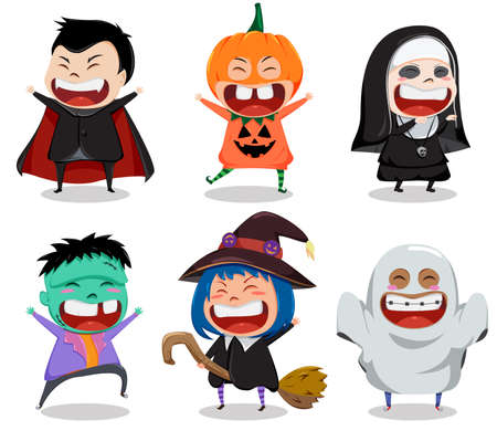 Halloween vector character set. Halloween characters like vampire, nun, zombie, witch and ghost isolated in white background for cartoon horror collection design. Vector illustrationのイラスト素材