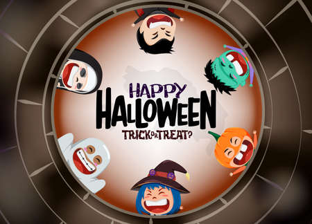 Happy halloween vector character concept design. Halloween text with cute characters like pumpkin, witch, ghost, nun, and vampire in wishing well for horror cartoon design. Vector illustration.のイラスト素材