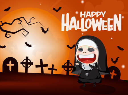 Happy halloween vector background design. Happy halloween greeting text with nun horror character in scary cemetery for trick or treat design. Vector illustration.のイラスト素材