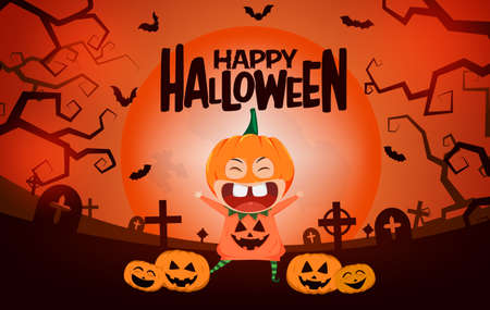 Halloween pumpkin character vector background design. Happy halloween text with pumpkin character in night cemetery background for horror cartoon design. Vector illustrationのイラスト素材