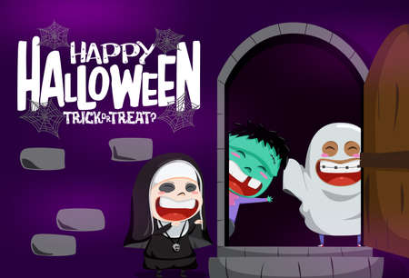 Halloween character vector greeting background. Happy halloween trick or treat text with cute characters like nun, ghost, and zombie for creepy cartoon design. Vector illustration.のイラスト素材