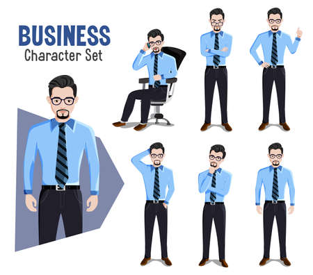 Businessman character vector set. Business man manager characters in sitting and standing pose and gestures like angry and thinking for employee boss cartoon design. Vector illustration.のイラスト素材