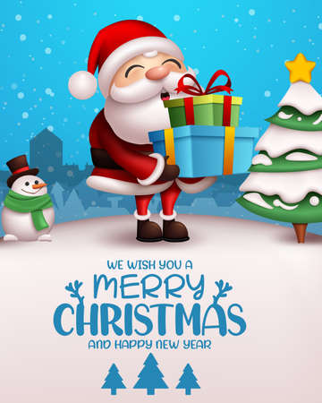 Christmas vector template design. Merry christmas text with santa claus character holding gifts for gift giving in winter snow background for xmas celebration greeting card.  Vector illustration.のイラスト素材
