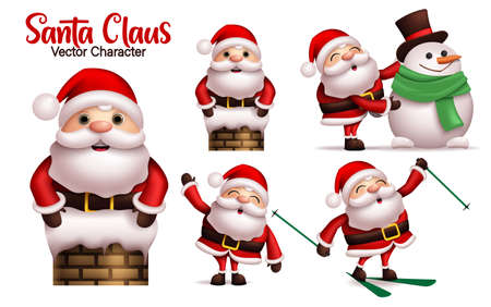 Santa claus vector character set. Santa claus characters in different winter outdoor activities like skating and playing snowman for holiday season 3d realistic design. Vector illustration.のイラスト素材